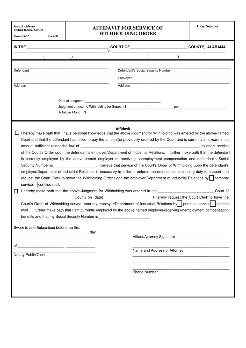 Form CS-32 Affidavit for Service of Withholding Order - Alabama, Page 1