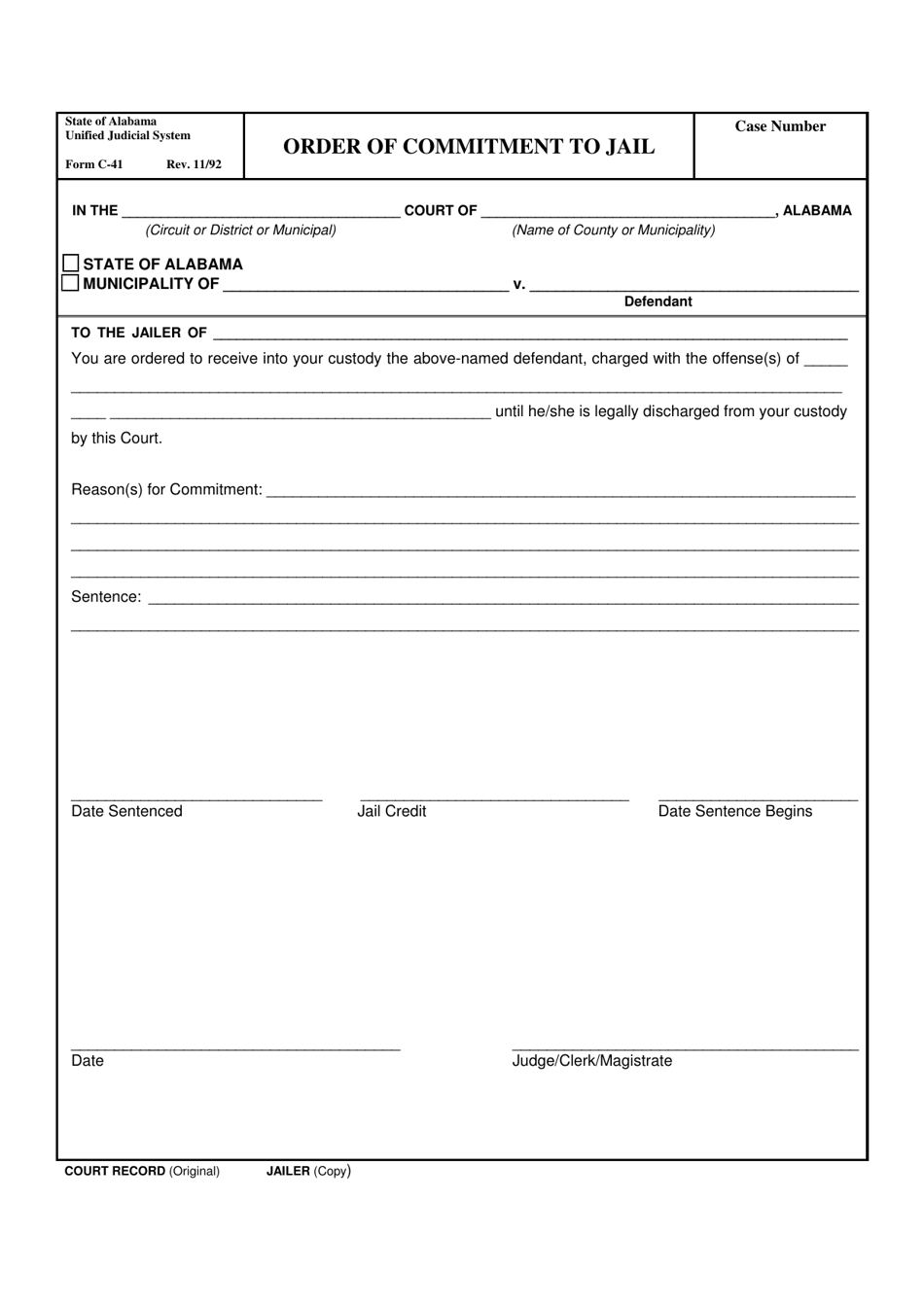 Form C-41 Order of Commitment to Jail - Alabama, Page 1