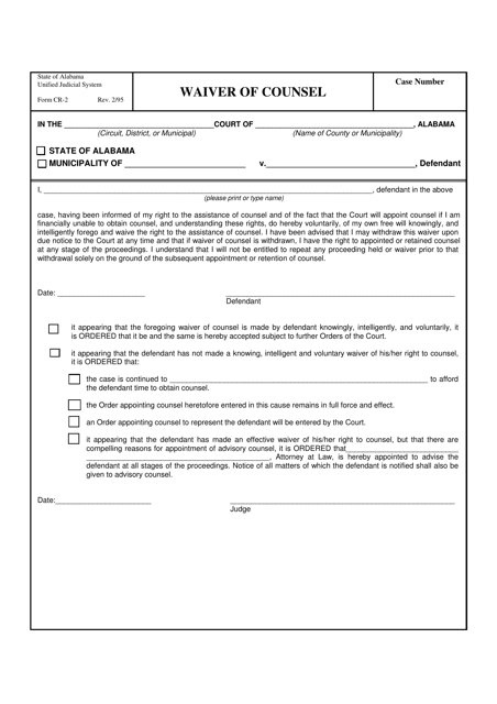 Form CR-2 Waiver of Counsel - Alabama