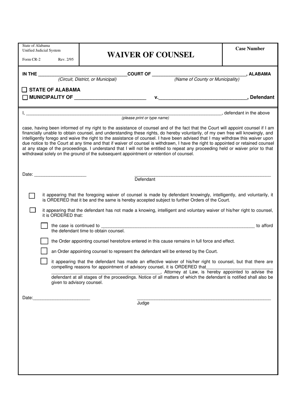 Form CR-2 Waiver of Counsel - Alabama, Page 1