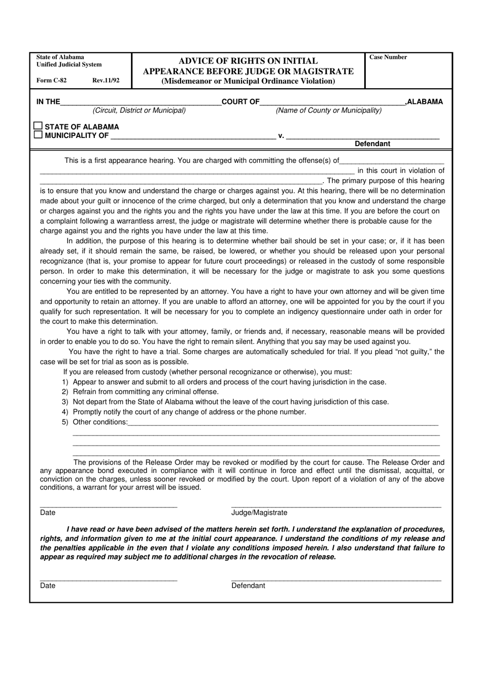 Form C-82 Advice of Rights on Initial Appearance Before Judge or Magistrate (Misdemeanor or Municipal Ordinance Violation) - Alabama, Page 1