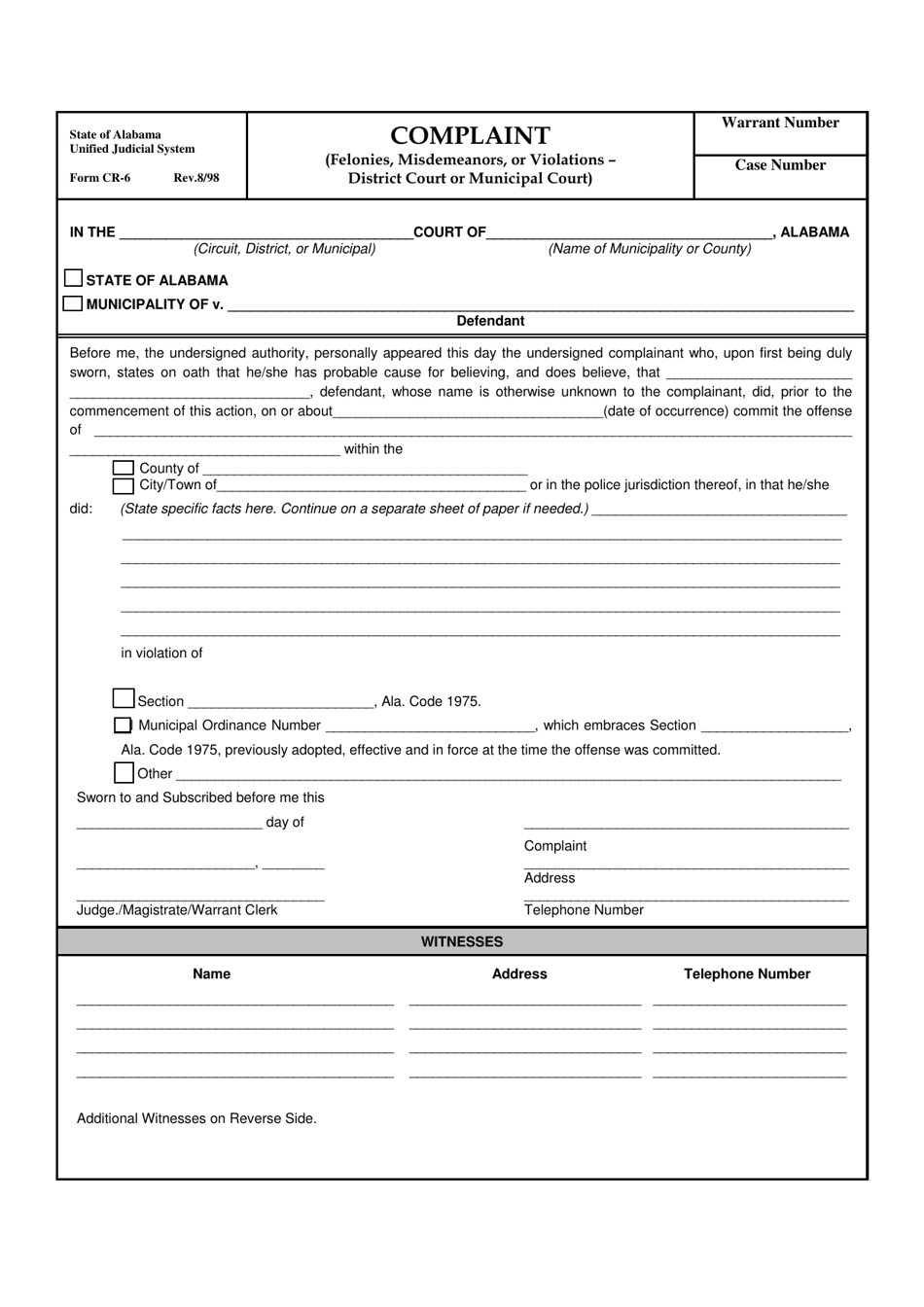 Form CR-06 Complaint (Felonies, Misdemeanors, or Violations - District Court or Municipal Court) - Alabama, Page 1