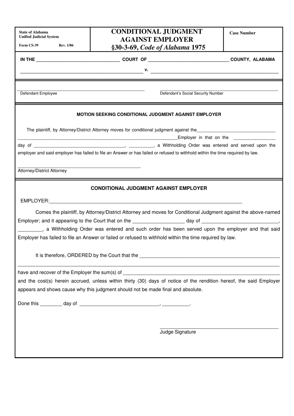 Form CS-39 Conditional Judgment Against Employer - Alabama, Page 1