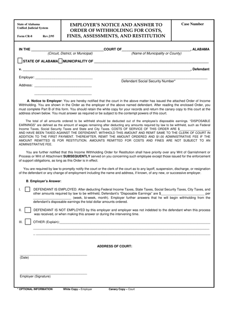 Form CR-8 Employer's Notice and Answer to Order of Withholding for Costs, Fines, Assessments, and Restitution - Alabama