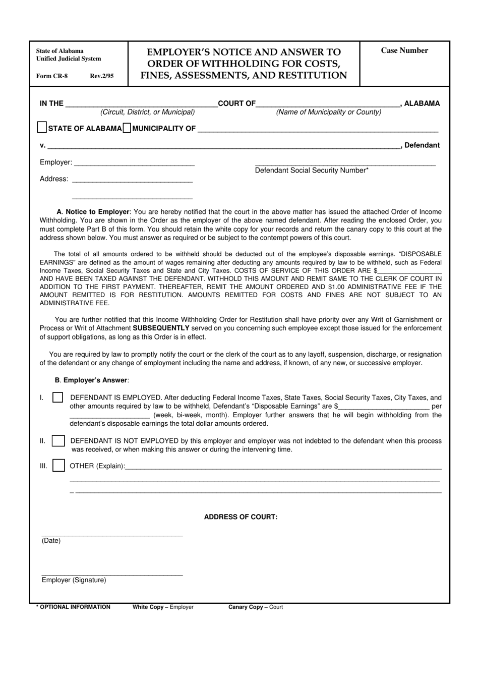 Form CR-8 Employers Notice and Answer to Order of Withholding for Costs, Fines, Assessments, and Restitution - Alabama, Page 1
