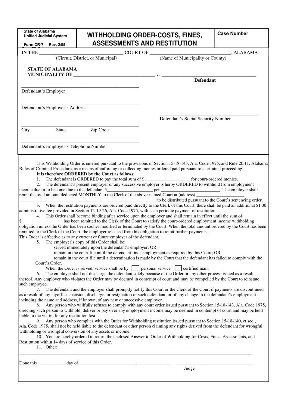 Form CR-07 Withholding Order-Costs, Fines, Assessments and Restitution - Alabama, Page 1
