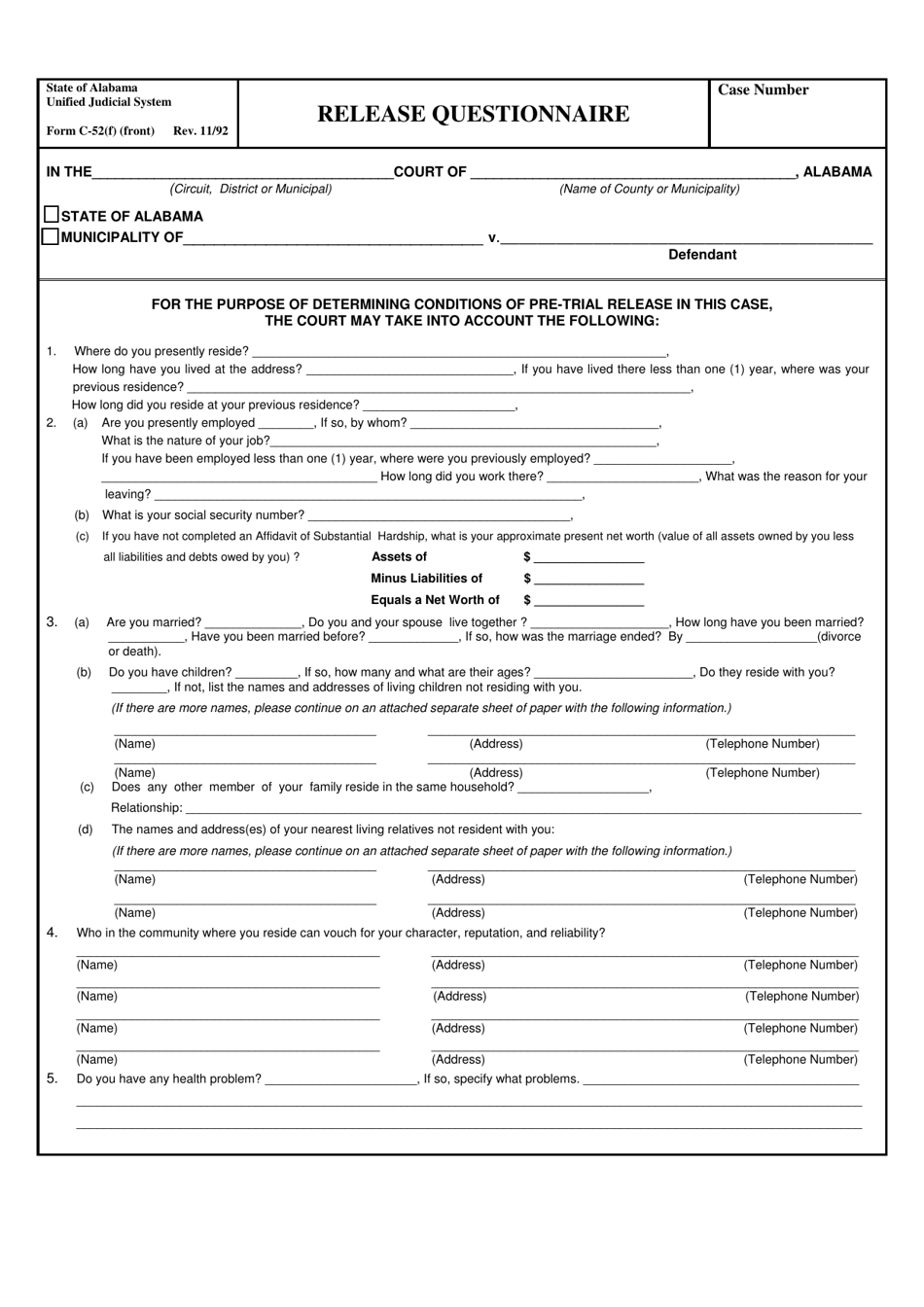 Form C-52(F) Release Questionnaire - Alabama, Page 1
