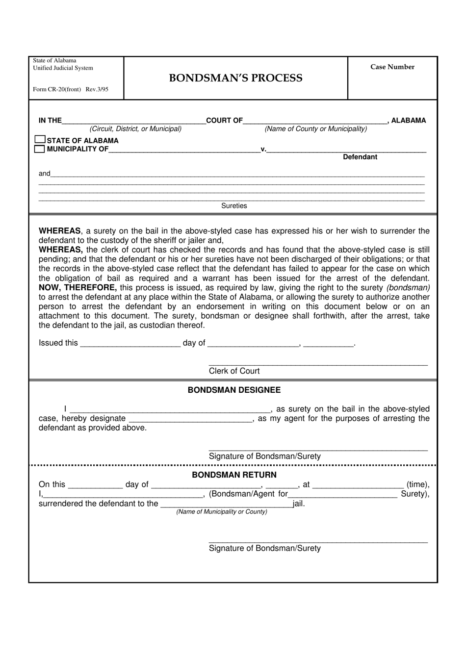 Form CR-20 Bondsmans Process - Alabama, Page 1