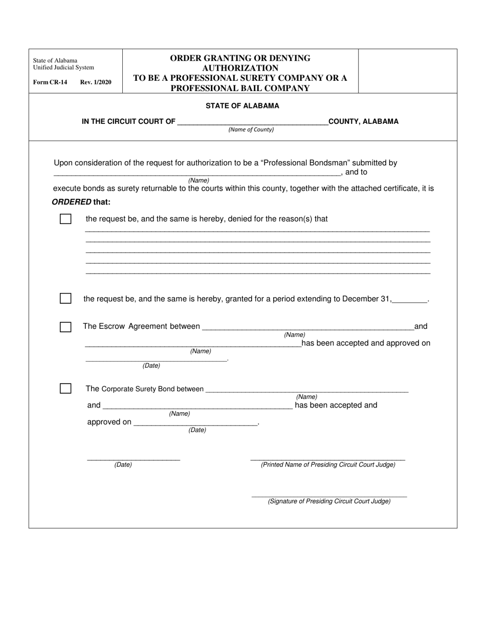 Form CR-14 Order Granting or Denying Authorization to Be a Professional Surety Company or a Professional Bail Company - Alabama, Page 1