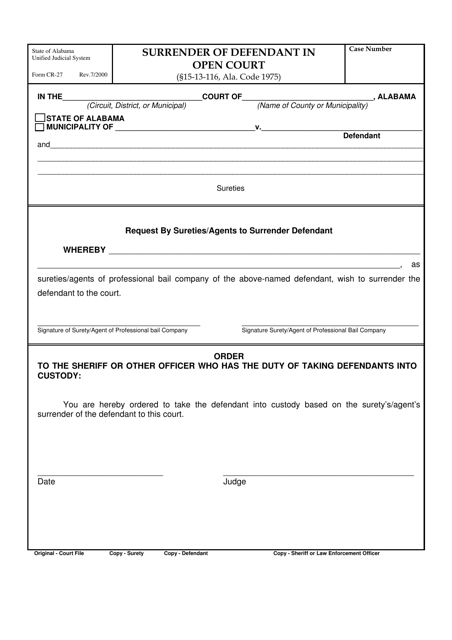 Form CR-27 Surrender of Defendant in Open Court - Alabama