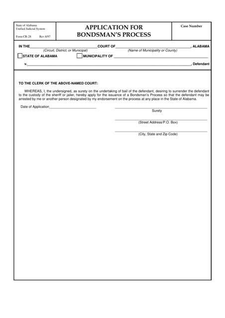 Form CR-28 Application for Bondsman's Process - Alabama