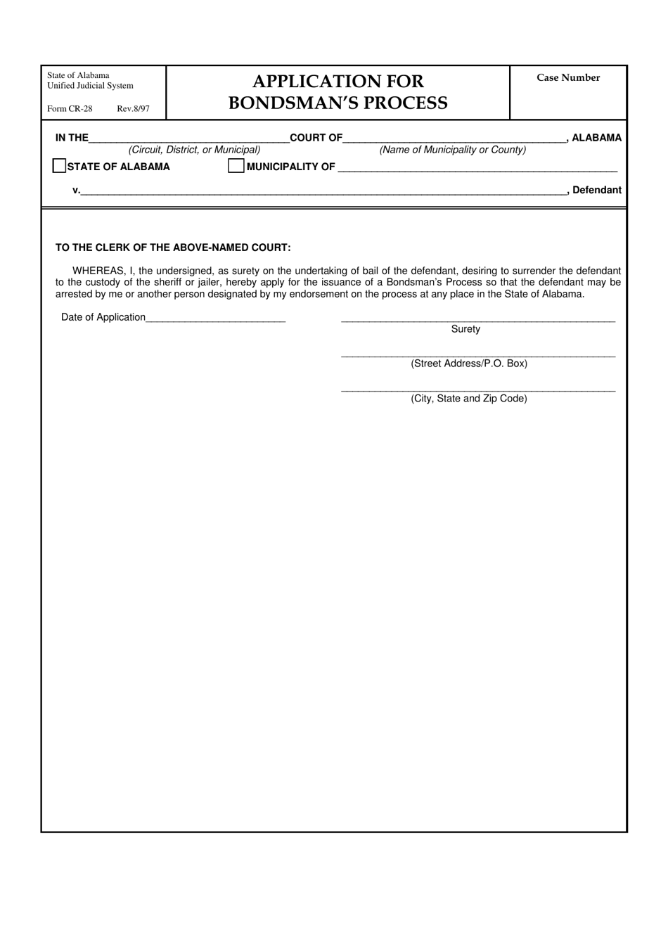 Form CR-28 Application for Bondsmans Process - Alabama, Page 1
