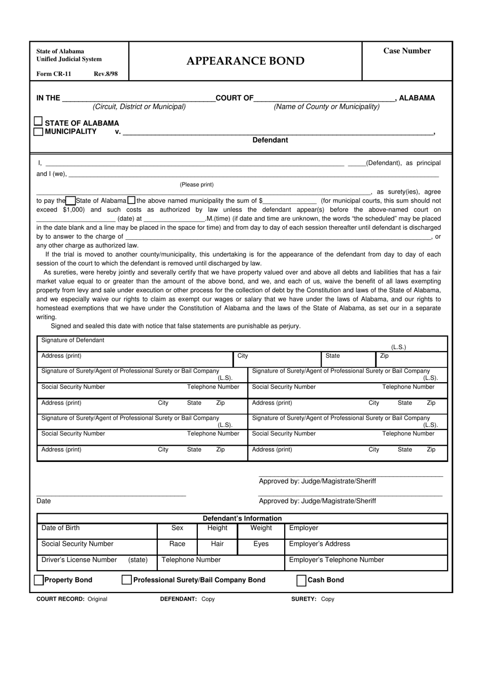 Form CR-11 Appearance Bond - Alabama, Page 1