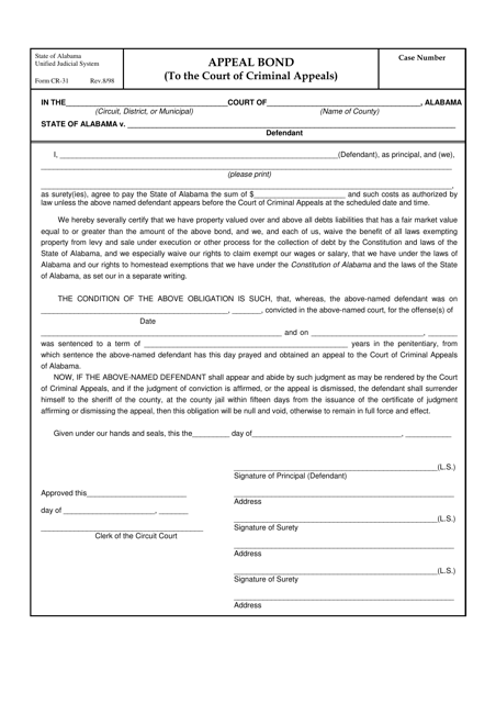 Form CR-31 Appeal Bond (To the Court of Criminal Appeals) - Alabama