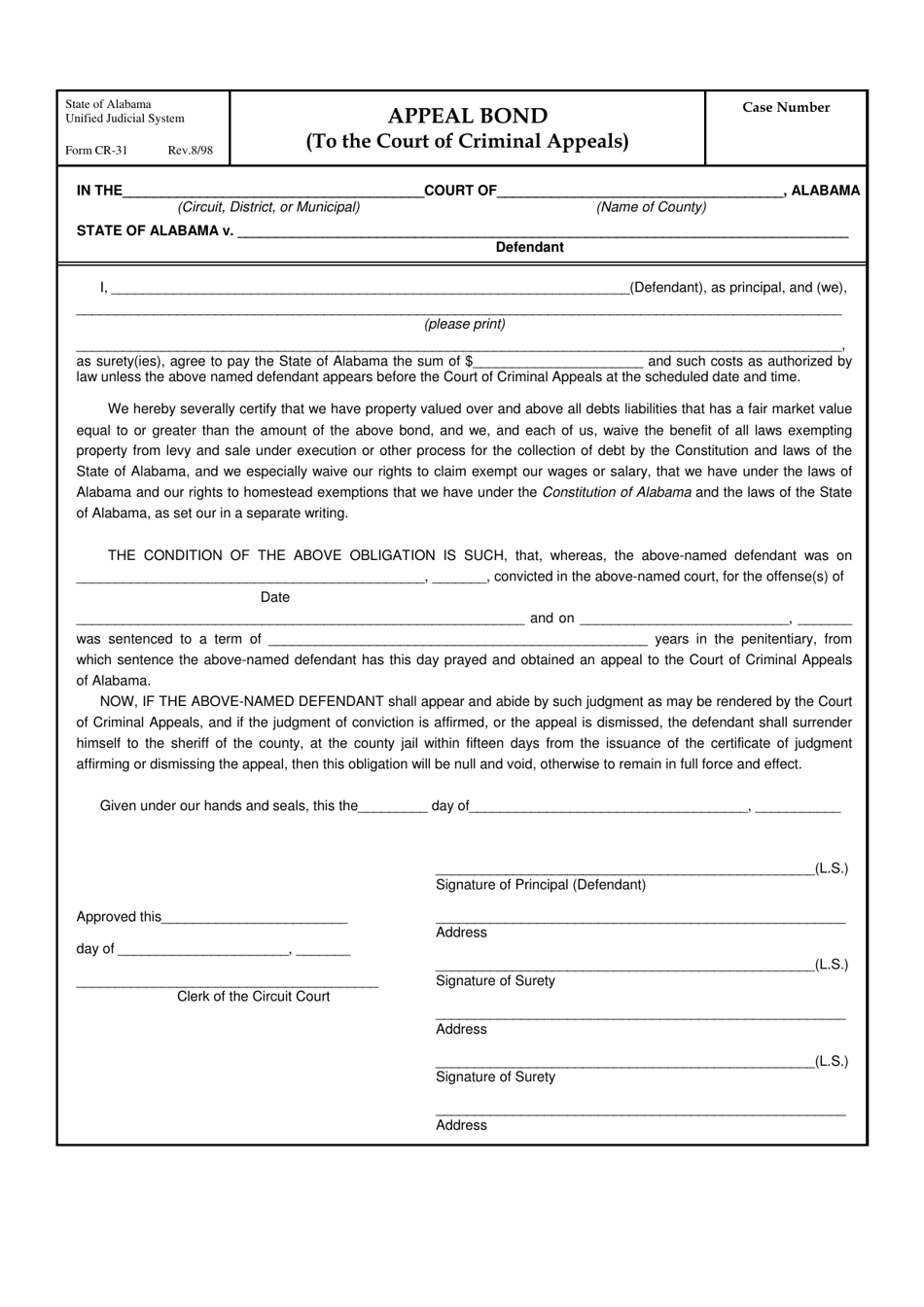 Form CR-31 Appeal Bond (To the Court of Criminal Appeals) - Alabama, Page 1