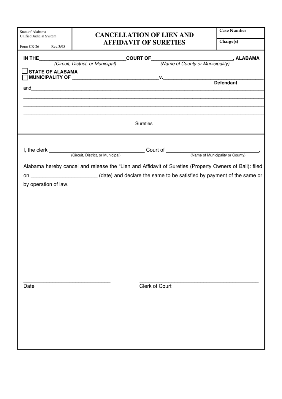 Form CR-26 Cancellation of Lien and Affidavit of Sureties - Alabama, Page 1