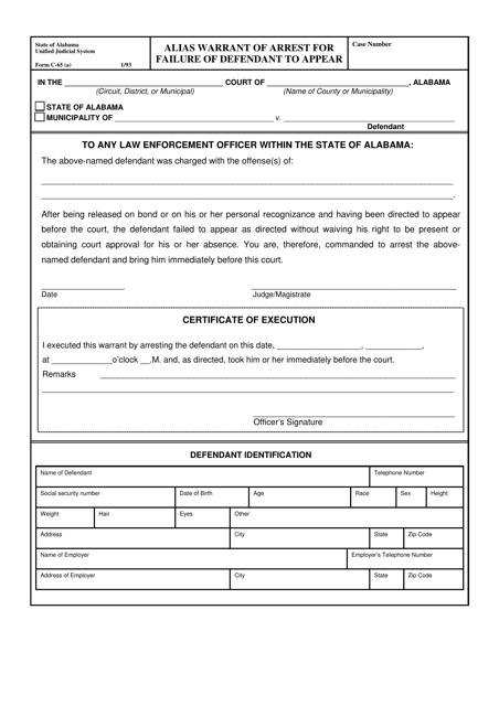 Form C-65(A) Alias Warrant of Arrest for Failure of Defendant to Appear - Alabama