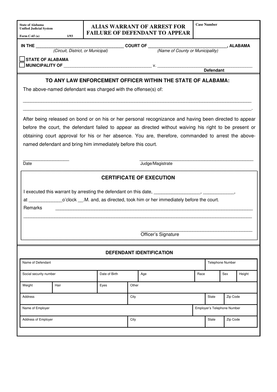 Form C-65(A) Alias Warrant of Arrest for Failure of Defendant to Appear - Alabama, Page 1