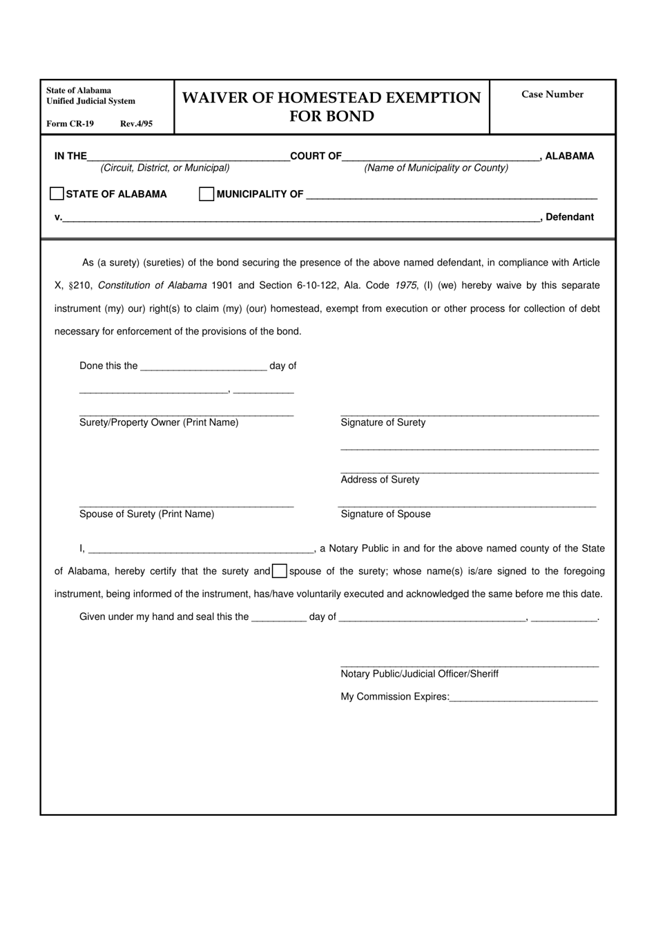Form CR-19 Waiver of Homestead Exemption for Bond - Alabama, Page 1
