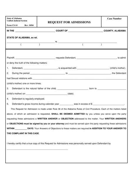 Form CS-14 Request for Admissions - Alabama