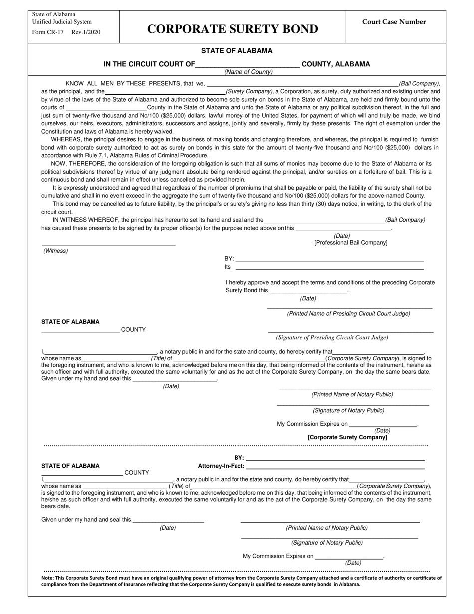 Form CR-17 Corporate Surety Bond - Alabama, Page 1