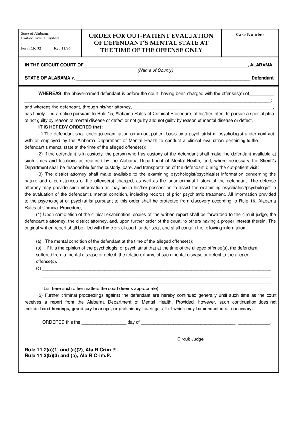 Form CR-32 Order for out-Patient Evaluation of Defendants Mental State at the Time of the Offense Only - Alabama, Page 1