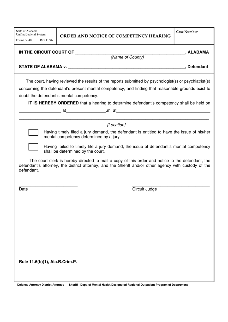 Form CR-40 Order and Notice of Competency Hearing - Alabama, Page 1