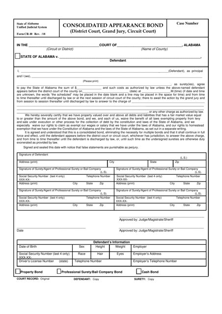 Form CR-10 Consolidated Appearance Bond (District Court, Grand Jury, Circuit Court) - Alabama