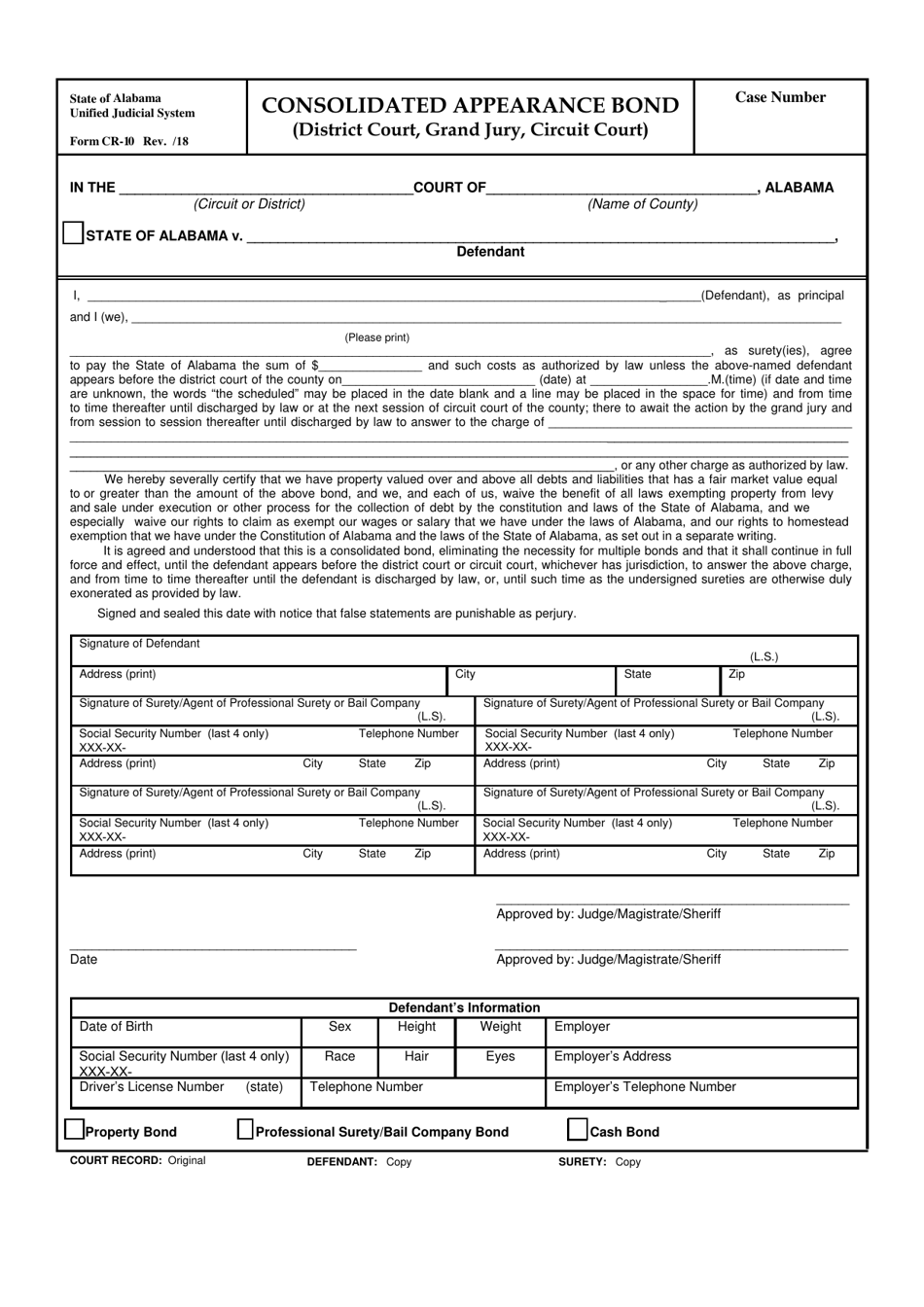 Form CR-10 Consolidated Appearance Bond (District Court, Grand Jury, Circuit Court) - Alabama, Page 1