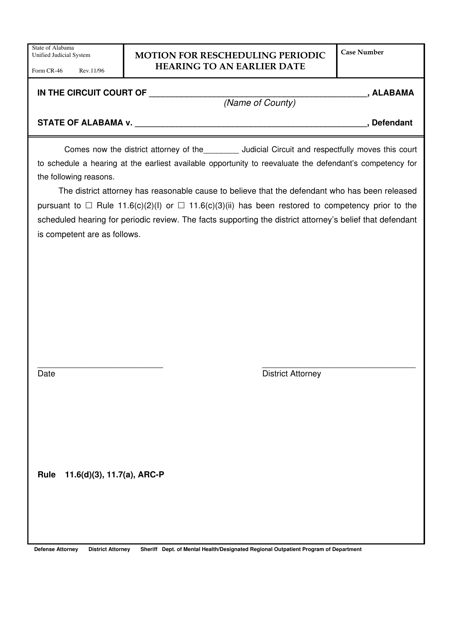 Form CR-46 Motion for Rescheduling Periodic Hearing to an Earlier Date - Alabama