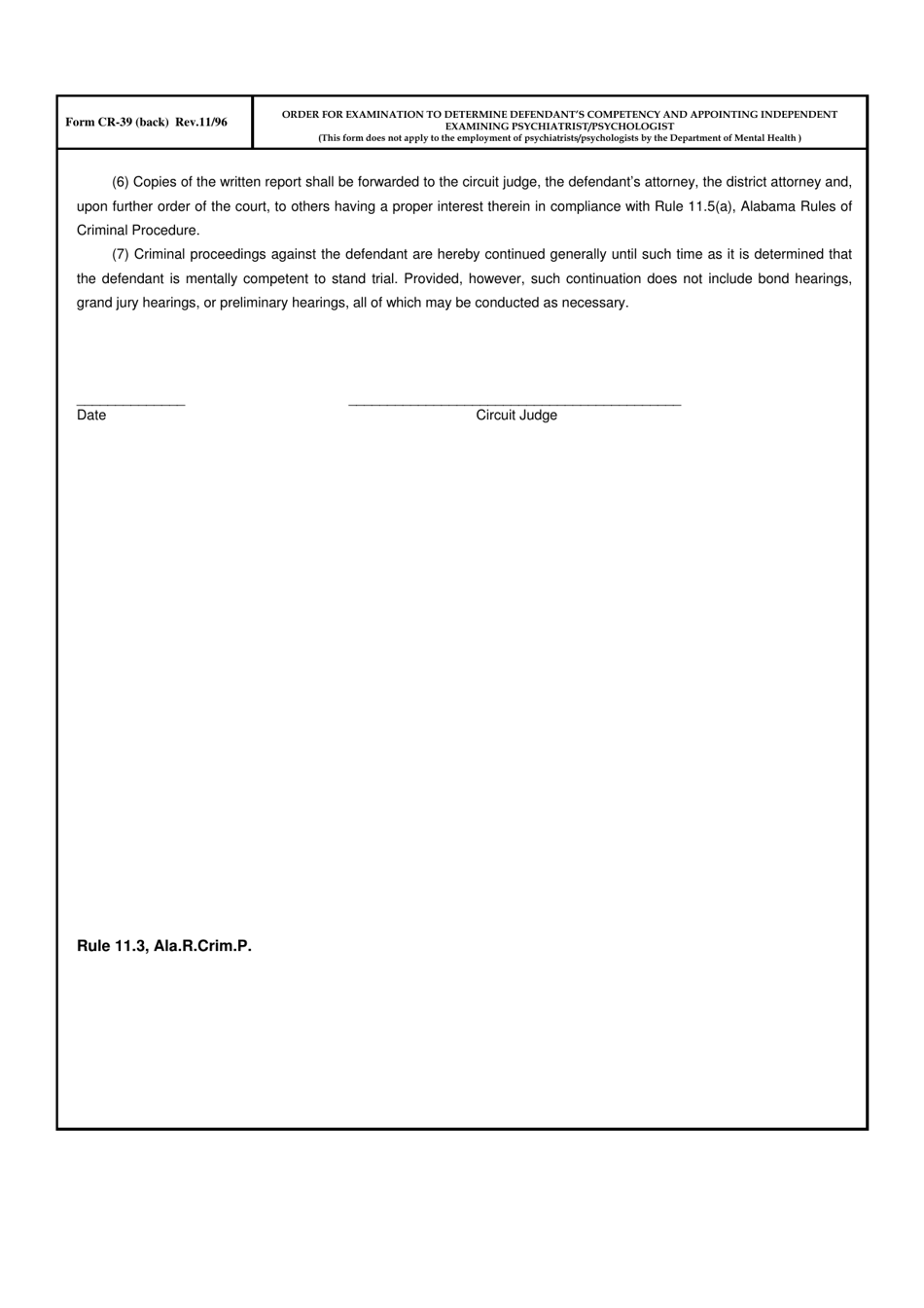 Form CR-39 Order for Examination to Determine Defendants Competency and Appointing Independent Examining Psychiatrist / Psychologist - Alabama, Page 2