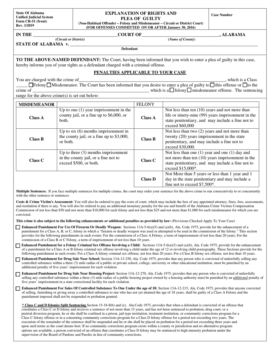 Form CR-51 Explanation of Rights and Plea of Guilty (On or After January 30, 2016) - Alabama, Page 1