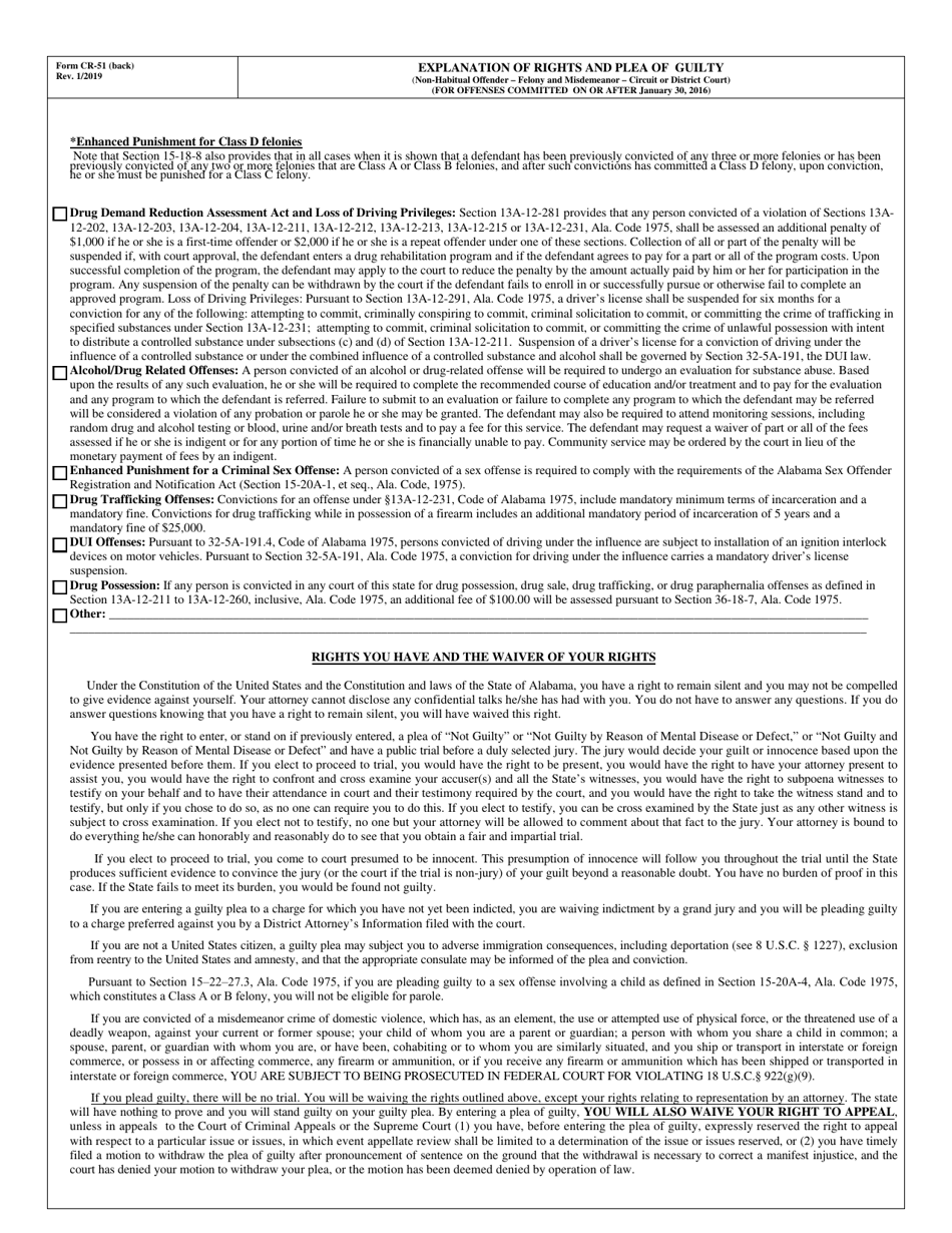 Form CR-51 Explanation of Rights and Plea of Guilty (On or After January 30, 2016) - Alabama, Page 2