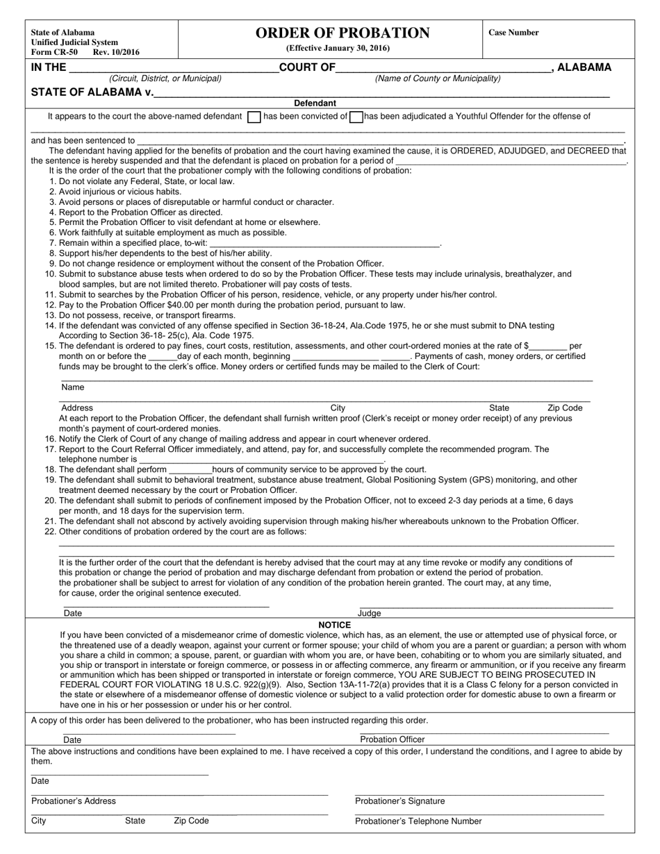 Form CR-50 Download Fillable PDF or Fill Online Order of Probation ...