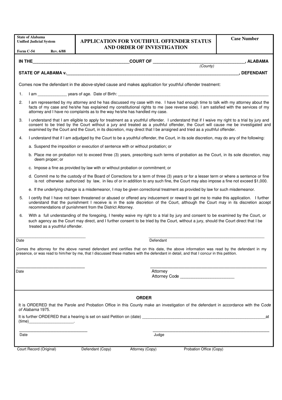 Form C-54 Application for Youthful Offender Status and Order of Investigation - Alabama, Page 1