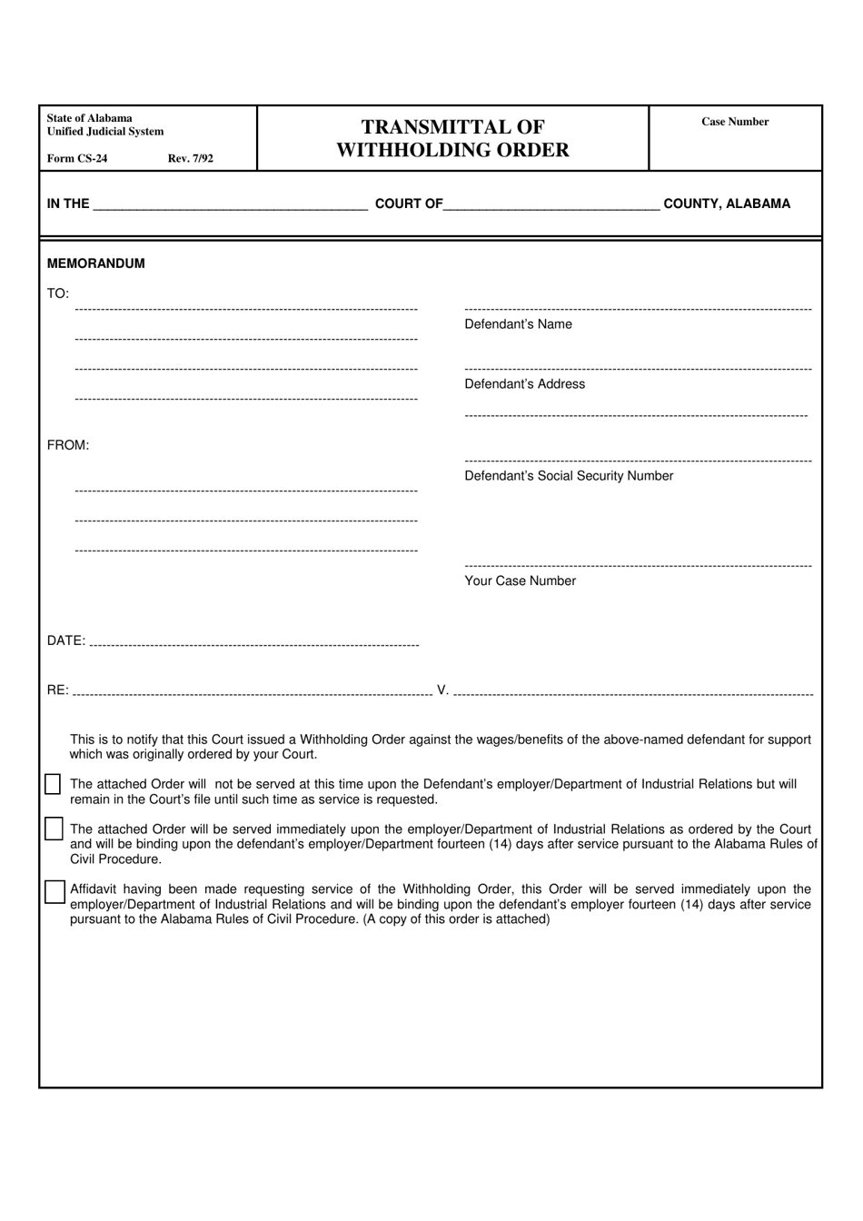 Form CS-24 Transmittal of Withholding Order - Alabama, Page 1