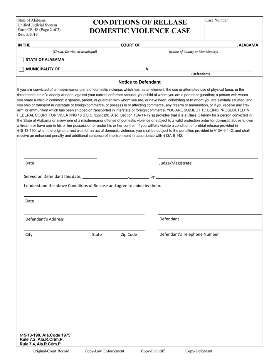 Form CR-48 Conditions of Release Domestic Violence Case (For Offenses Committed on or After May 23, 2019) - Alabama, Page 2
