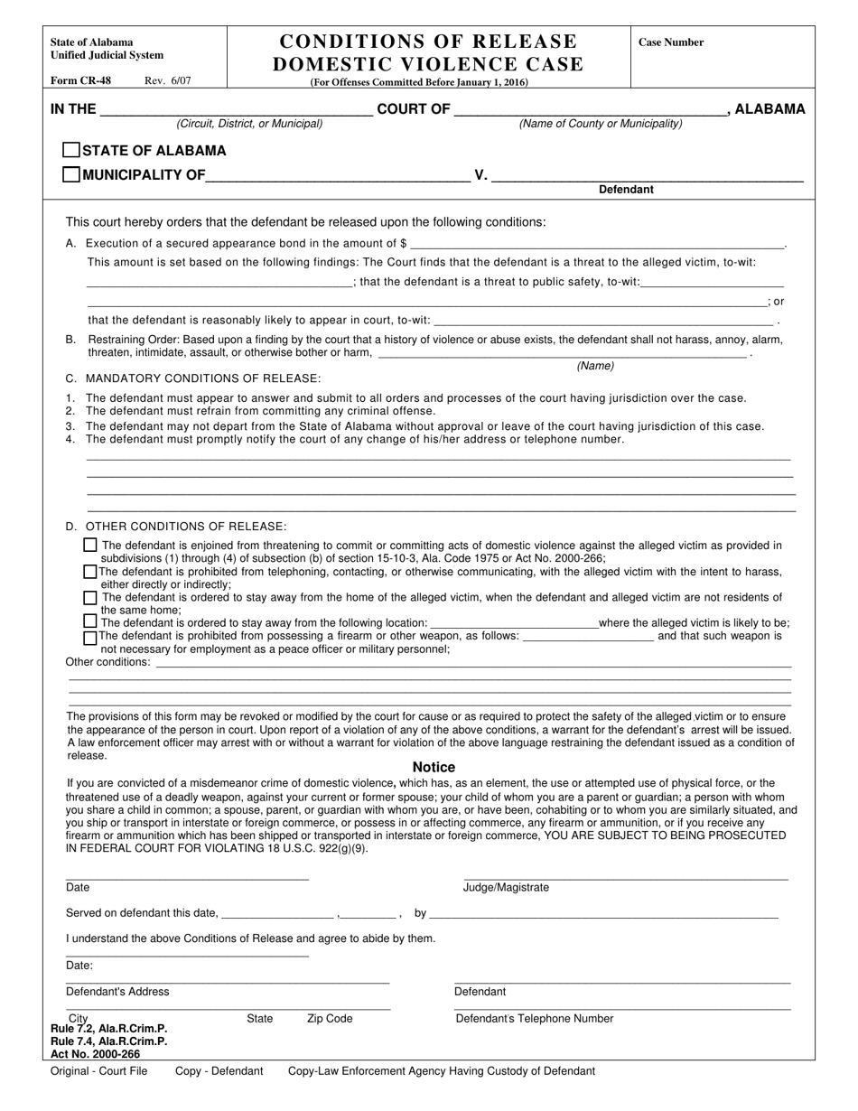 Form CR-48 Conditions of Release Domestic Violence Case (For Offenses Committed Before January 1, 2016) - Alabama, Page 1