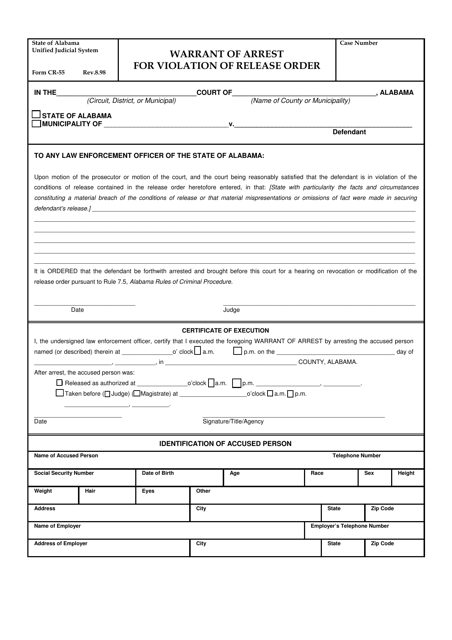 Form CR-55 Warrant of Arrest for Violation of Release Order - Alabama