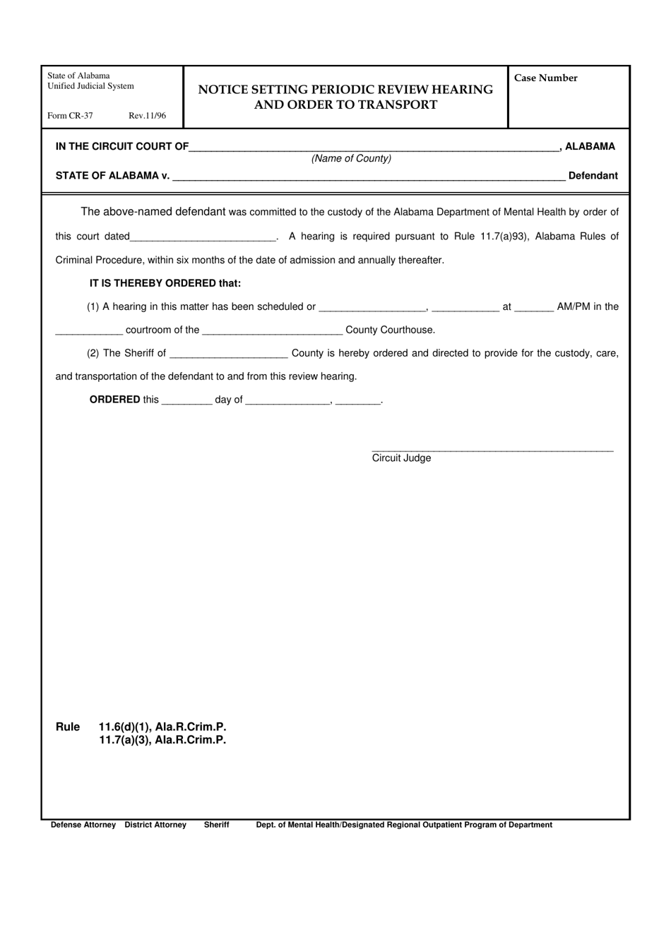 Form CR-37 Notice Setting Periodic Review Hearing and Order to Transport - Alabama, Page 1