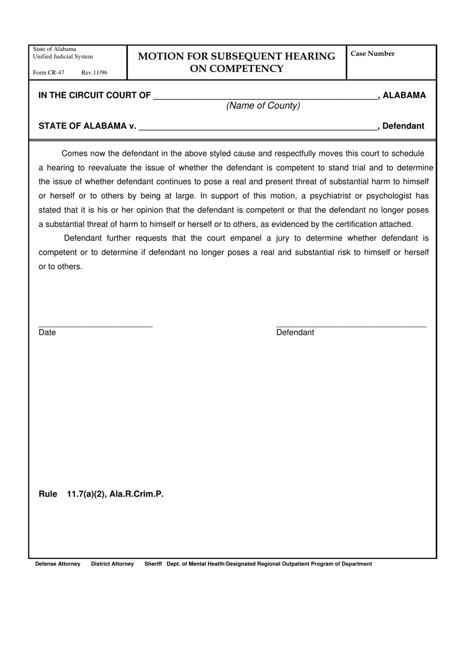 Form CR-47 Motion for Subsequent Hearing on Competency - Alabama, Page 1