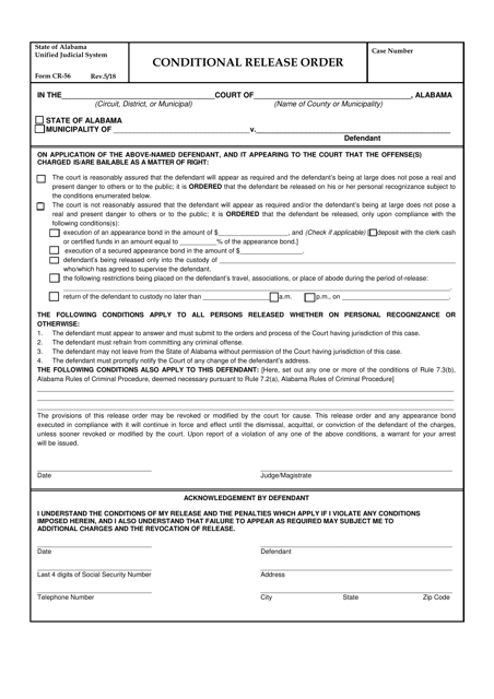 Form CR-56 Conditional Release Order - Alabama