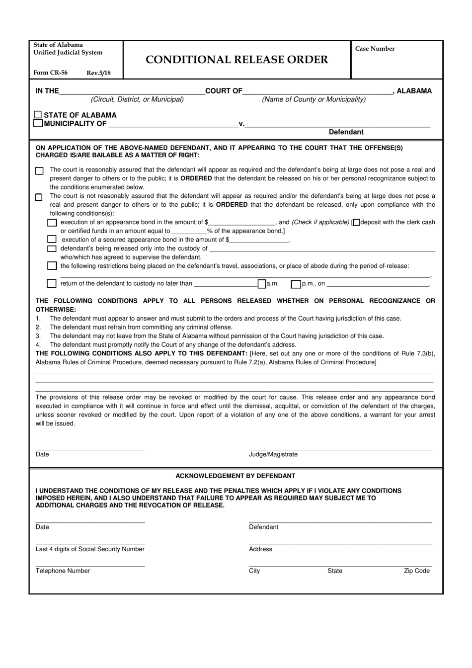 Form CR-56 Conditional Release Order - Alabama, Page 1