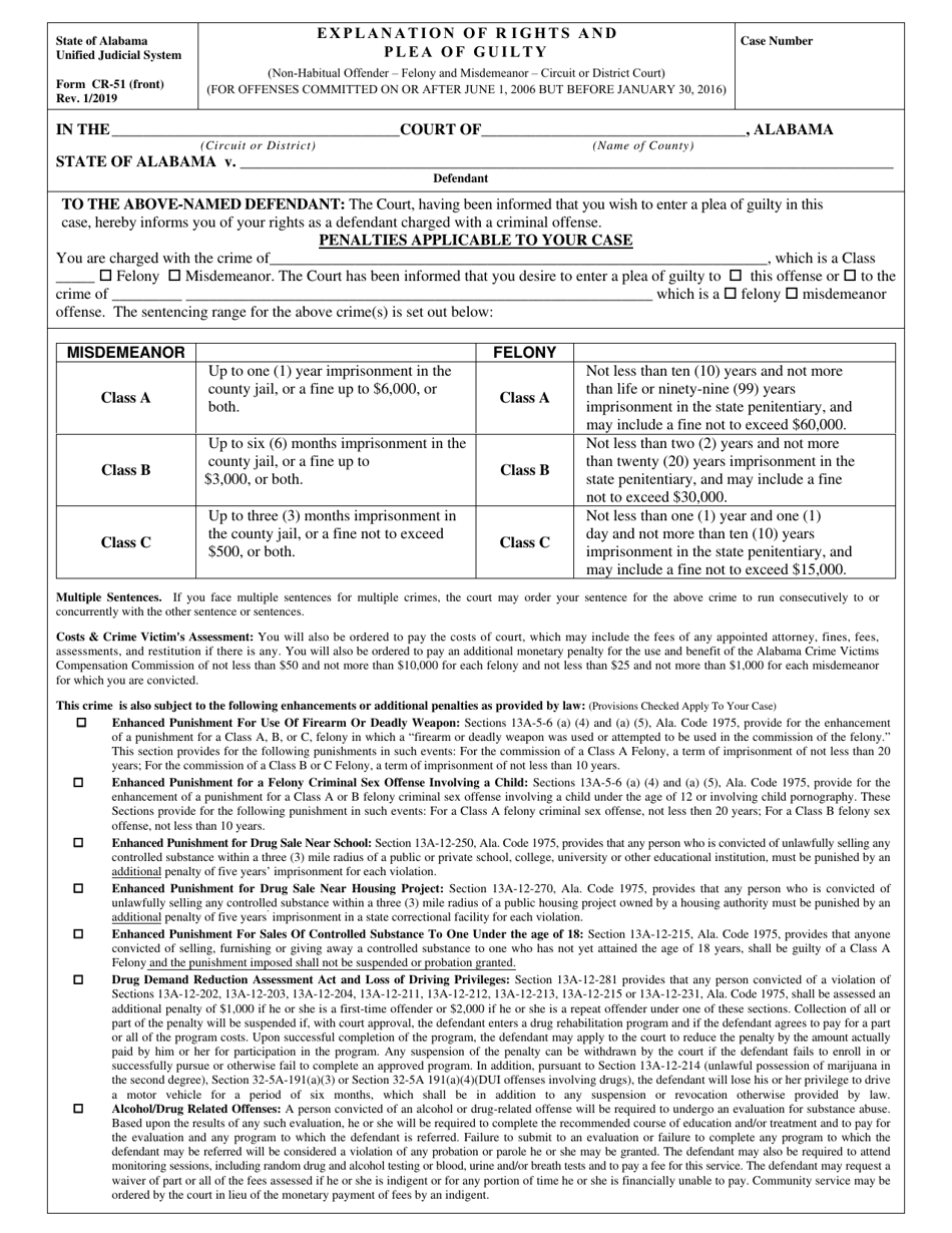 Form CR-51 Explanation of Rights and Plea of Guilty (On or After June 1 2006 but Before Jan 30, 2016) - Alabama, Page 1