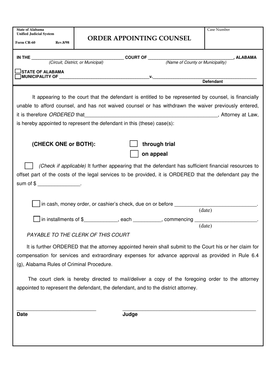 Form CR-60 Order Appointing Counsel - Alabama, Page 1