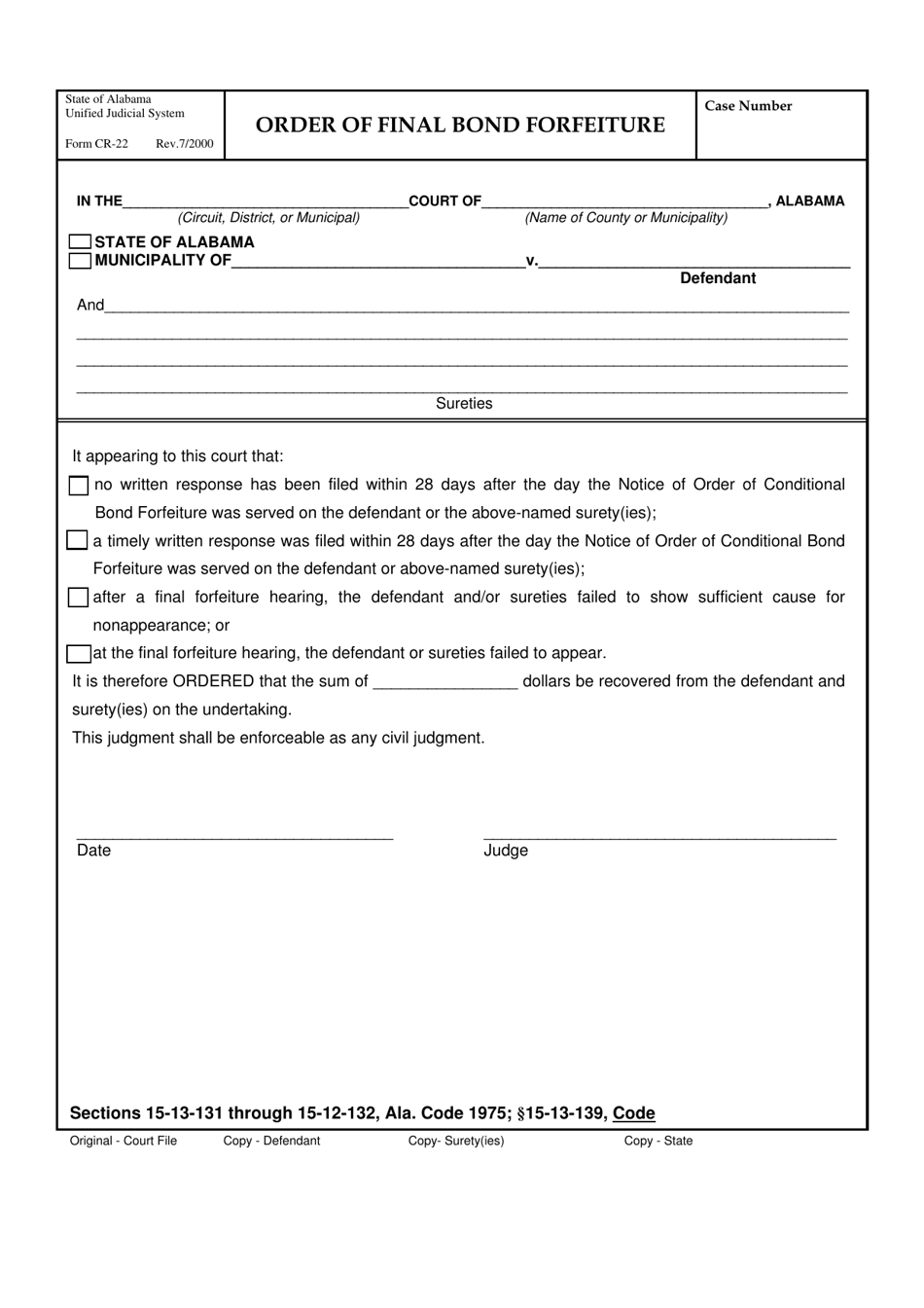 Form CR-22 Order of Final Bond Forfeiture - Alabama, Page 1