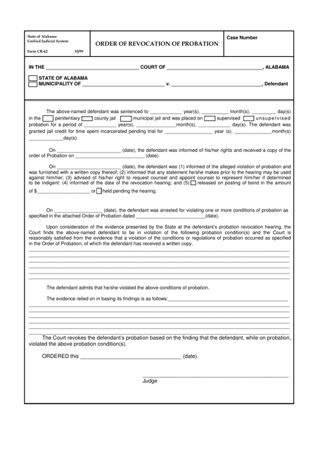 Form CR-62 Order of Revocation of Probation - Alabama