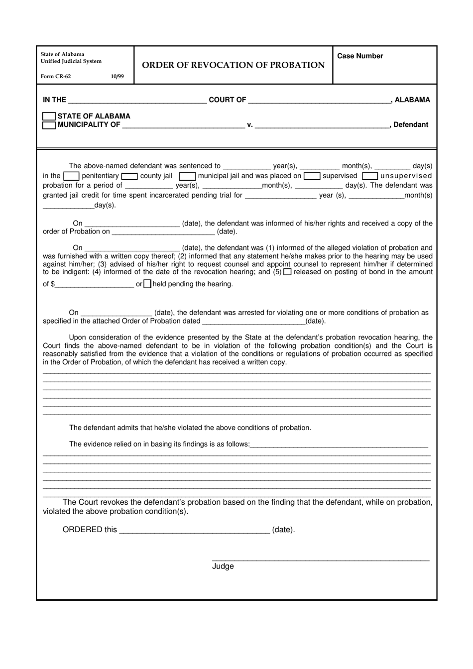 Form CR-62 Order of Revocation of Probation - Alabama, Page 1
