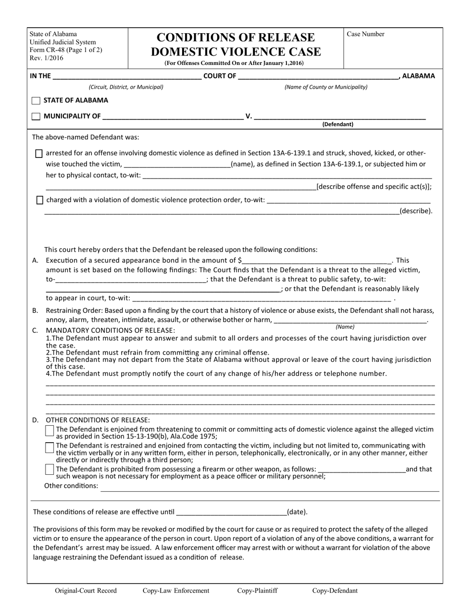 Form CR-48 Conditions of Release Domestic Violence Case (For Offenses Committed on or After January 1,2016) - Alabama (English / Spanish), Page 1