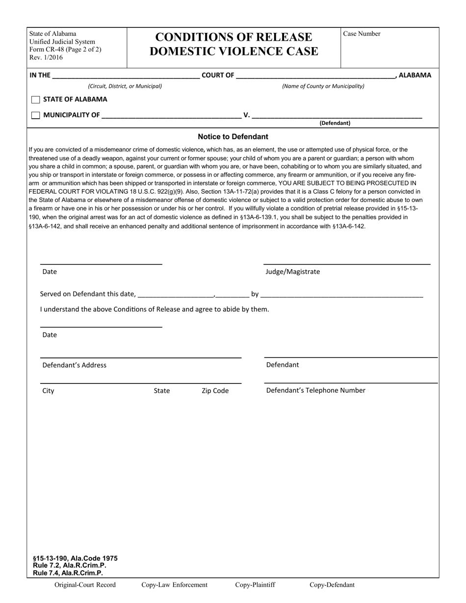 Form CR-48 Conditions of Release Domestic Violence Case (For Offenses Committed on or After January 1,2016) - Alabama (English / Spanish), Page 2